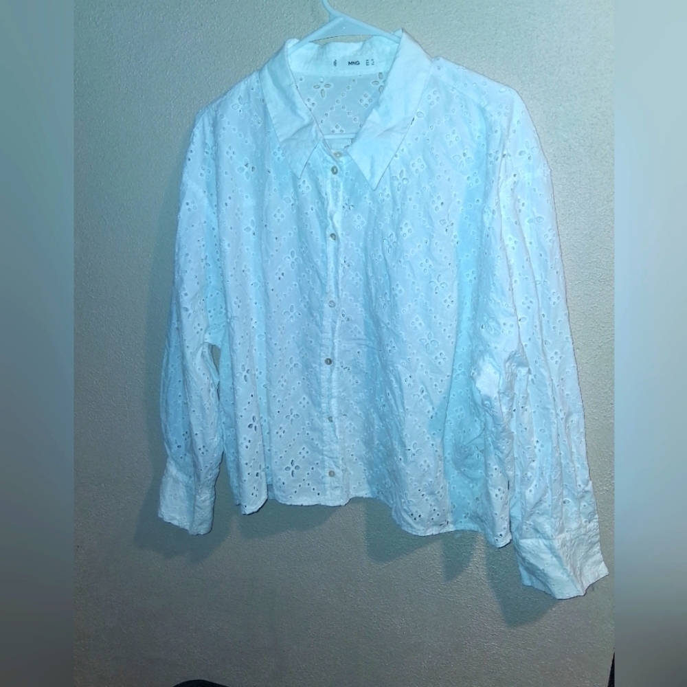 Mango Long Sleeve Button Down White Eyelet Cottage Core 2XL